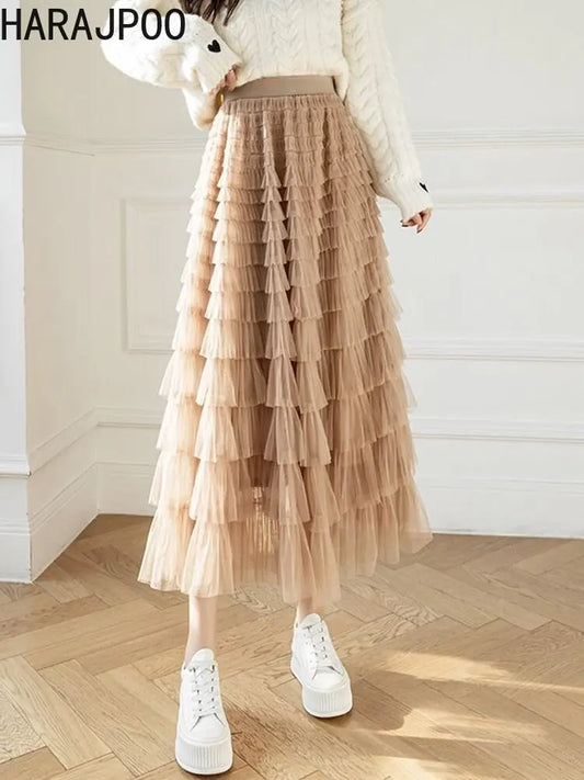 Harajpoo Sweet Skirt French Princess Beautiful Thousand-layer Lotus Leaf Mesh Temperament A-line Fairy Girl Cake Skirts Clothing